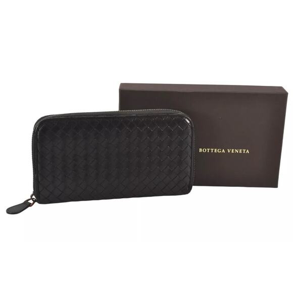 Authentic BOTTEGA VENETA Intrecciato Leather Long Wallet Purse Black Box 9891K.